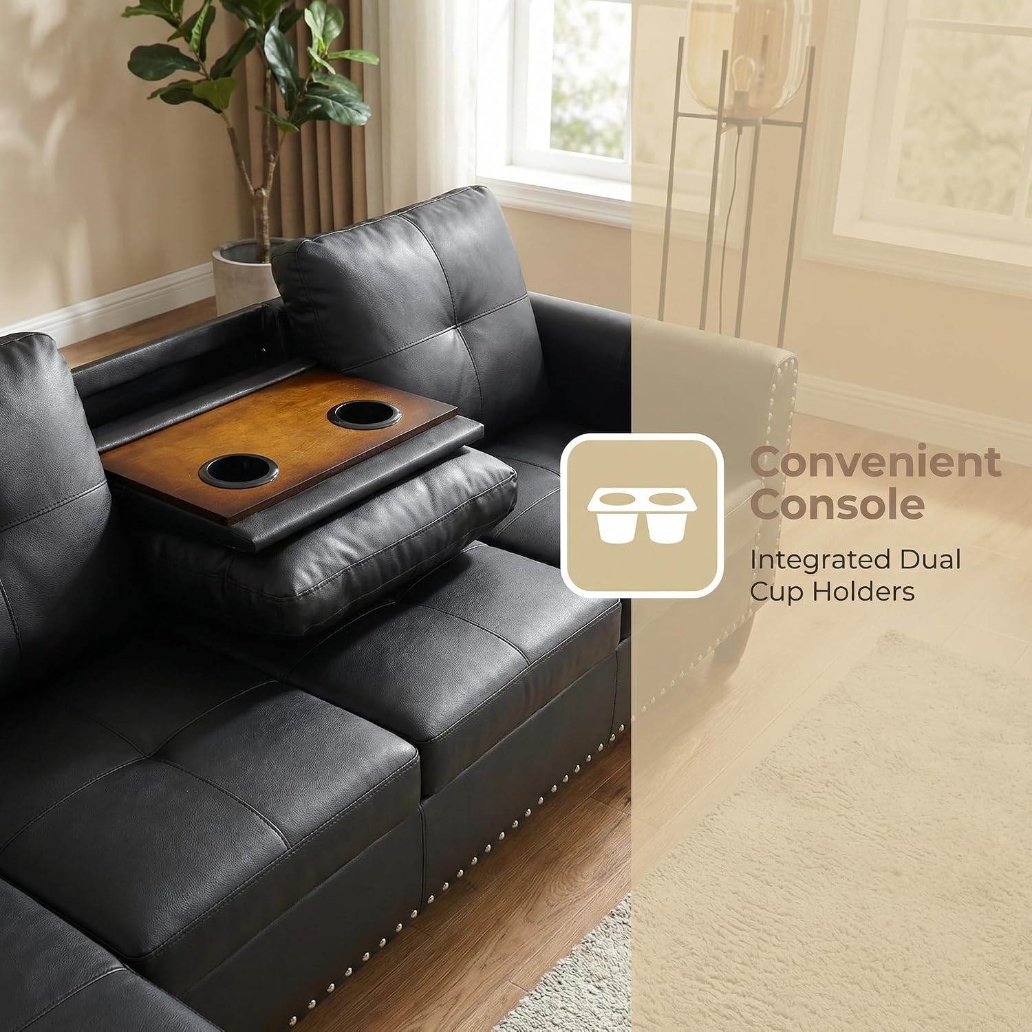 Leather 3-Piece L-Shaped Couches for Living Room, Sectional Sofa with Storage Ottoman & Movable Chaise, Modular Convertible Couch for Bedroom & Apartment, Midnight Black