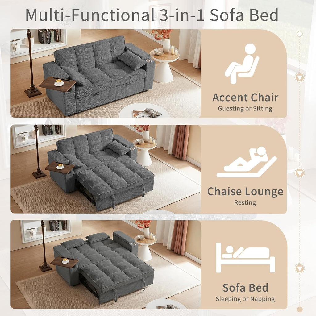 hansones 65'' 3-in-1 Folding Convertible Sofa Bed, Queen Size Pullout Sofa, Modern Chenille Fabric, 360° Swivel Side Table, Easy Assembly, Perfect for Living Room