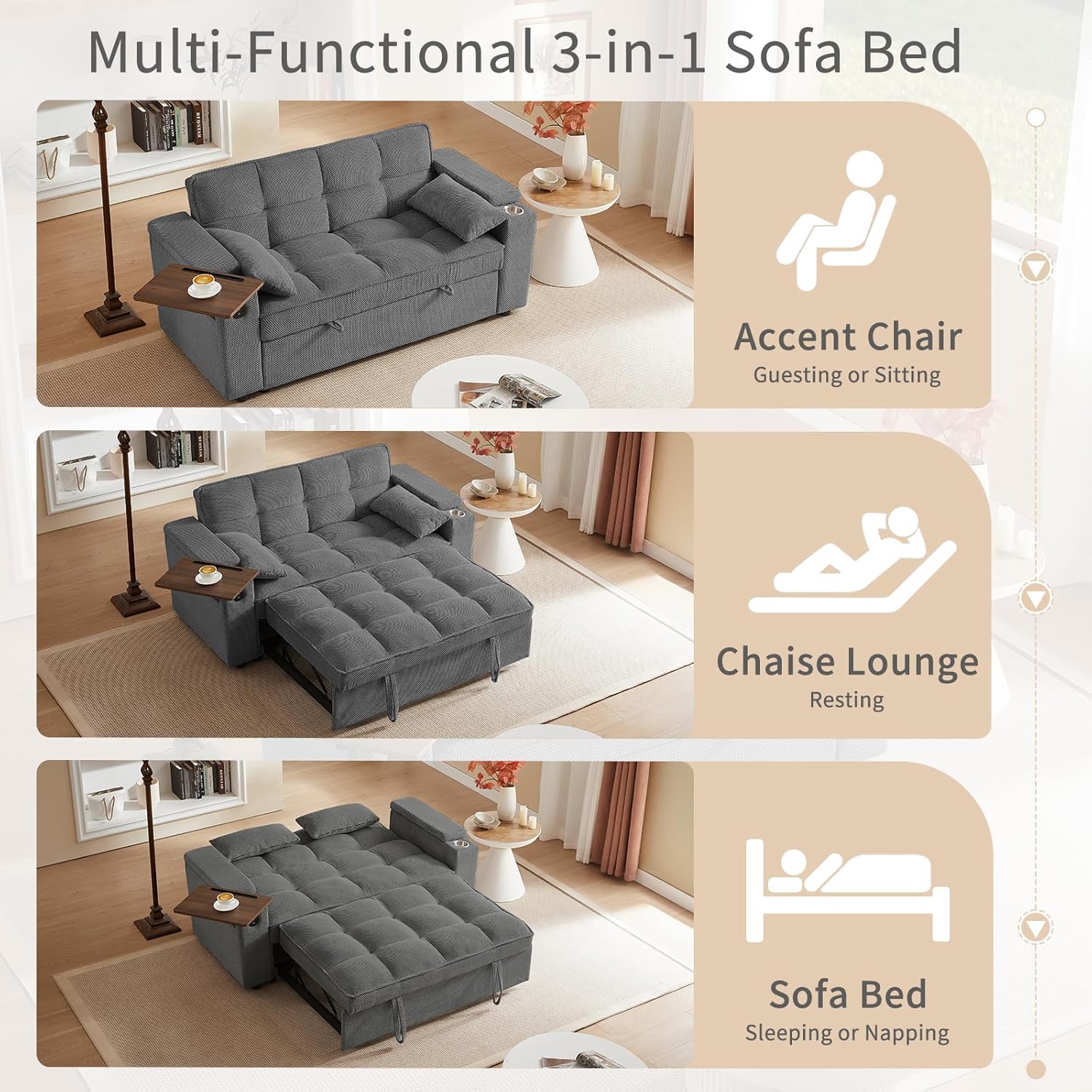 hansones 65'' 3-in-1 Folding Convertible Sofa Bed, Queen Size Pullout Sofa, Modern Chenille Fabric, 360° Swivel Side Table, Easy Assembly, Perfect for Living Room