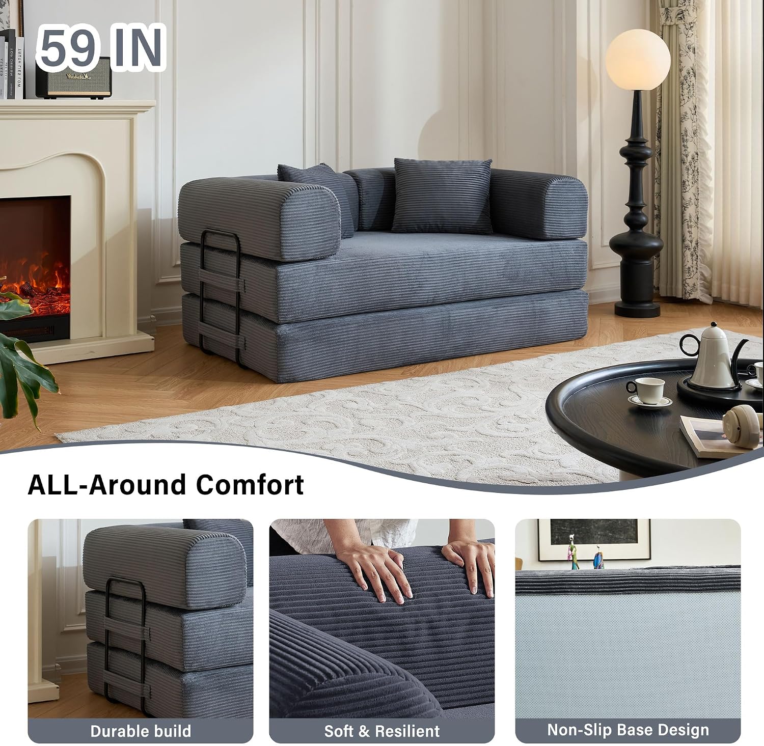 59' Boneless Folding Convertible Sofa Bed, Small 2-Seater Corduroy Futon Floor Couch with Pull Out Sleeper, No Assembly Boneless Loveseat for Living Room (Dark Gray)