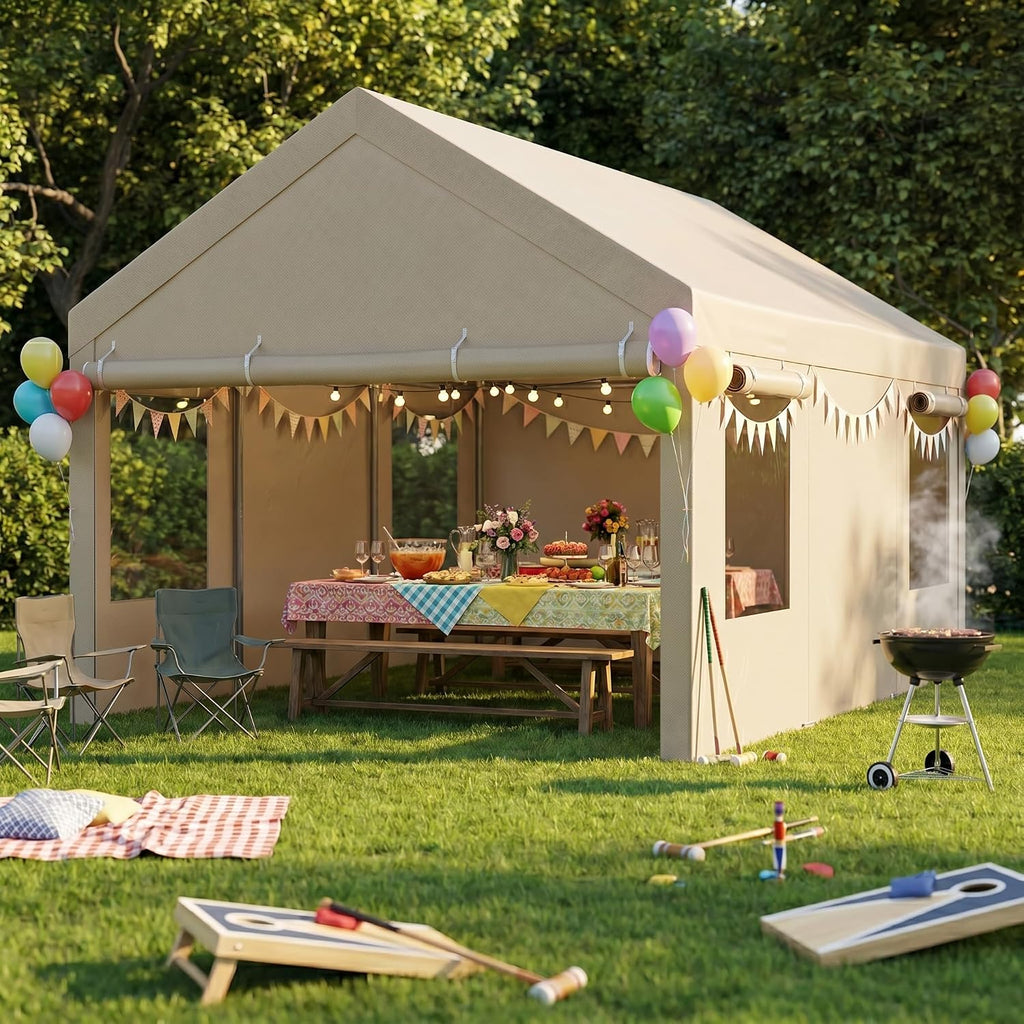 12x20 FT Heavy Duty Carport Canopy, All-Weather Vehicle Shelter with Roll-up Ventilation Windows & Removable Sidewalls, Portable Garage for SUV, Truck, Boat, Khaki