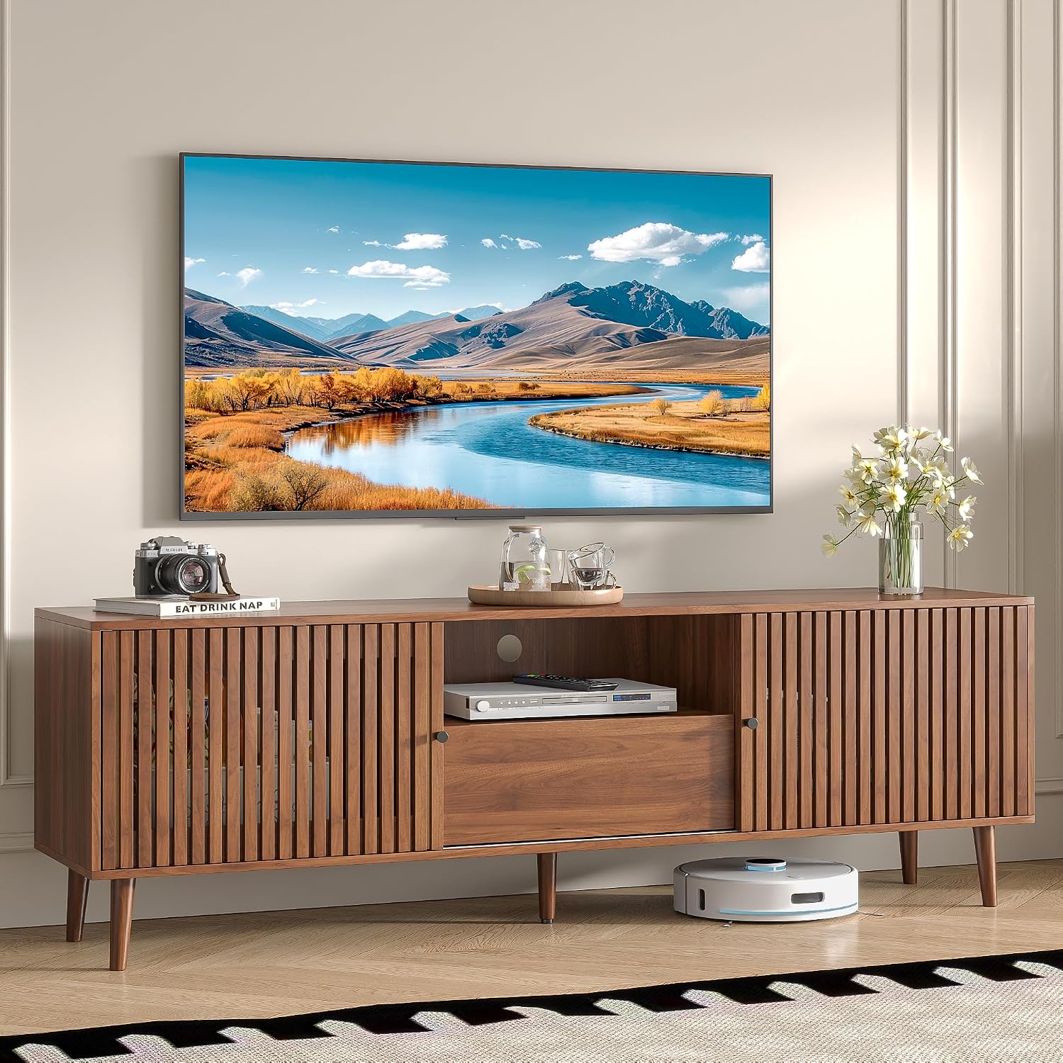 Oubayajia Mid Century Modern TV Stand for Televisions up to 70 Inches, with Sliding Doors and Storage, Television Stands, TV Consoles, Media Consoles for Living Room(Walnut-70inch)