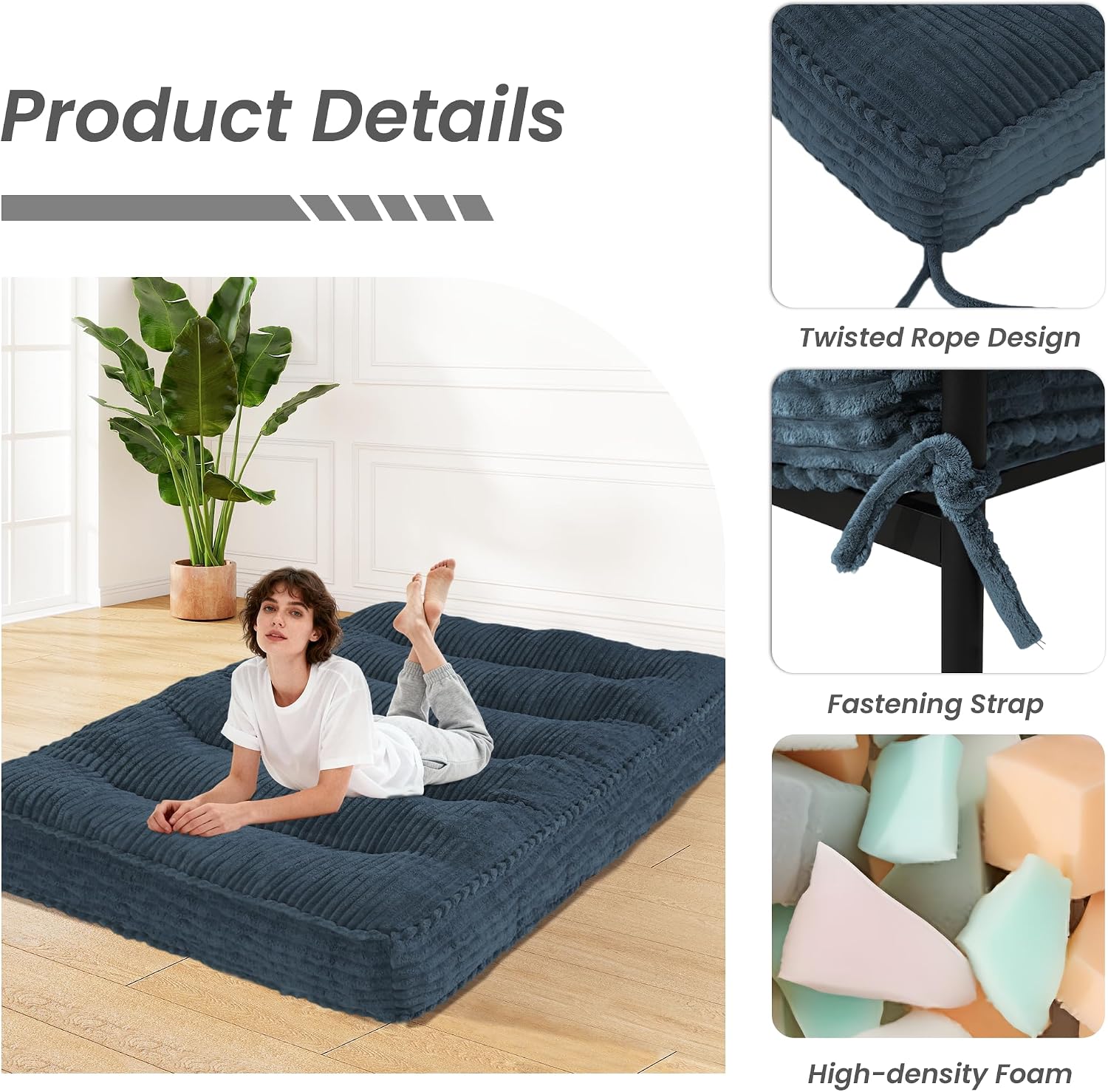 8' Futon Mattress Queen Size 60' x 80', Futon Sofa Couch Bed with Twisted Rope Design Edging, Extra Thick Corded Floor Futon Mattress Sleeping Mat for Adults, Camping, Dorm, Blue(Frame Not Included)