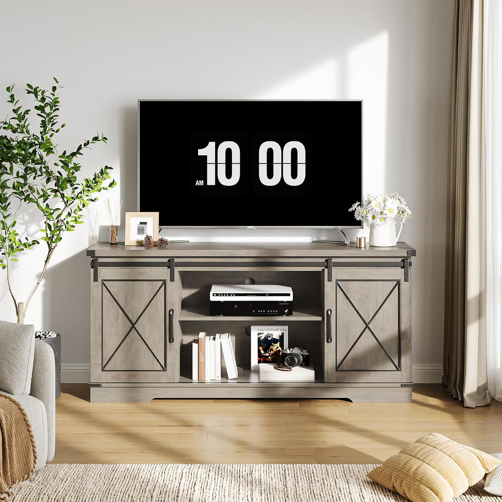 IDEALHOUSE Farmhouse TV Stand for 65 Inch TV, Entertainment Center with Sliding Barn Doors & Adjustable Shelves, Rustic Wood TV Console Table Media Cabinet for Living Room Bedroom, Grey