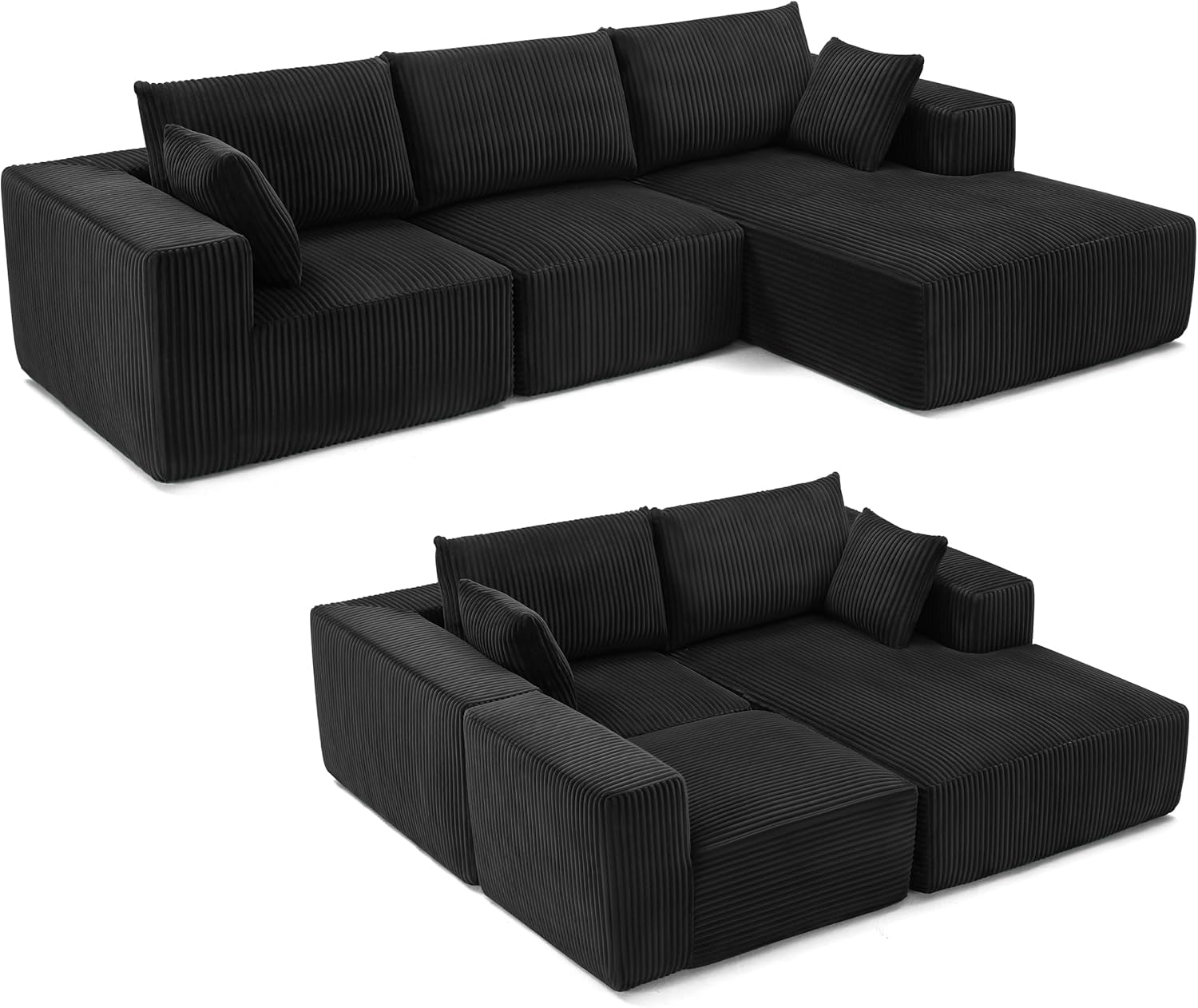 108' Modular Sectional Sofa, Cloud Sectional Couch with Deep Seat, Modern Modular L-Shape Sofa Couch with Chaise,Upholstered Boneless Couches for Living Room Bedroom (Black, Right Facing Chaise)