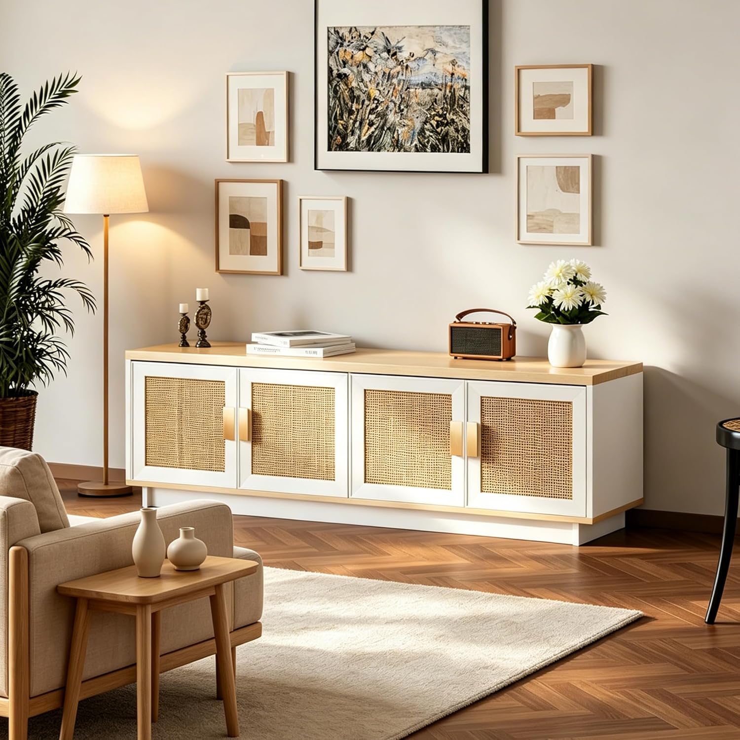 PROXRACER Rattan TV Stand for 65 Inch TV, Boho Media Console with 4 Woven Cane Doors, Modern Farmhouse Entertainment Center, Low Profile TV Cabinet with Storage for Living Room, White & Light Wood