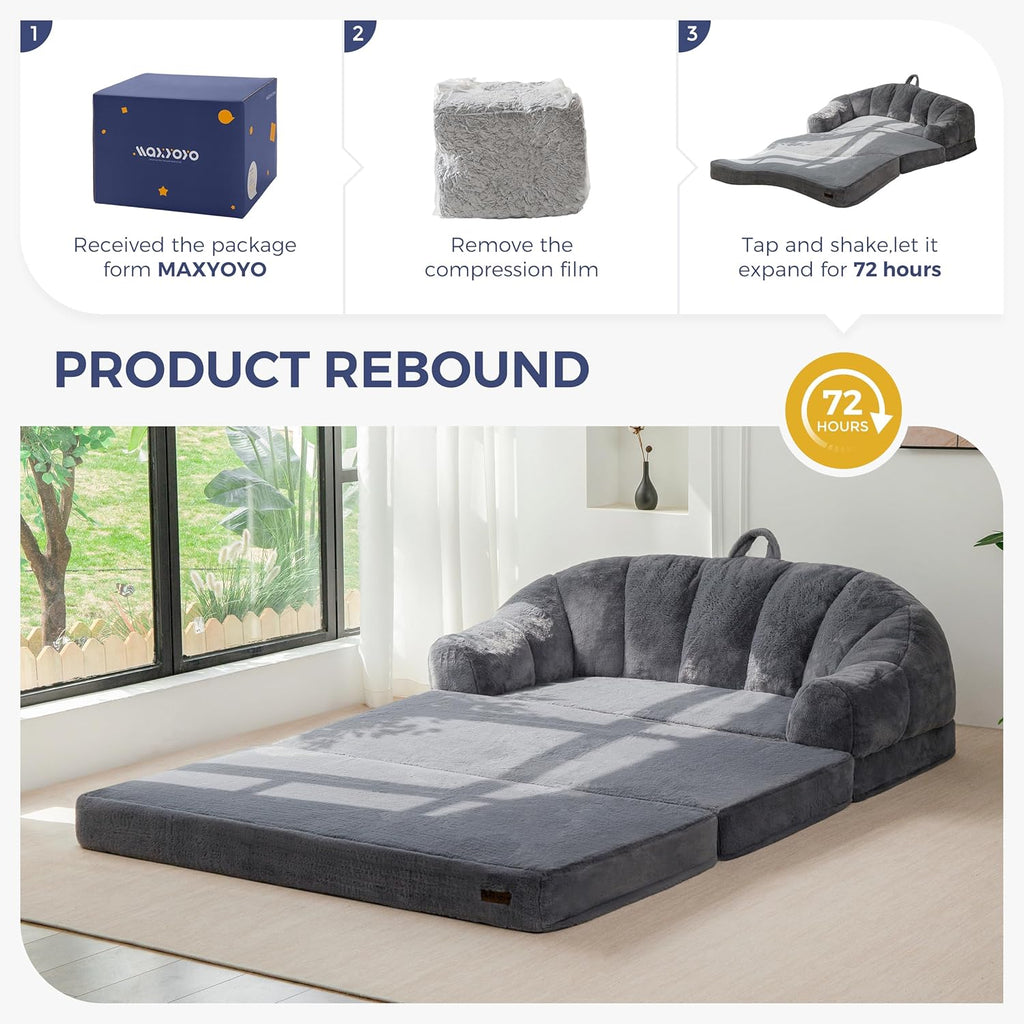 MAXYOYO Folding Sofa Bed, 2 in 1 Convertible Sofa to Lounger Comfy Loveseat Bean Bag Chair for Adults, Floor Sleeper Couch with Handle, Faux Fur Couch Bed for Living Room Bedroom, Grey, Loveseat
