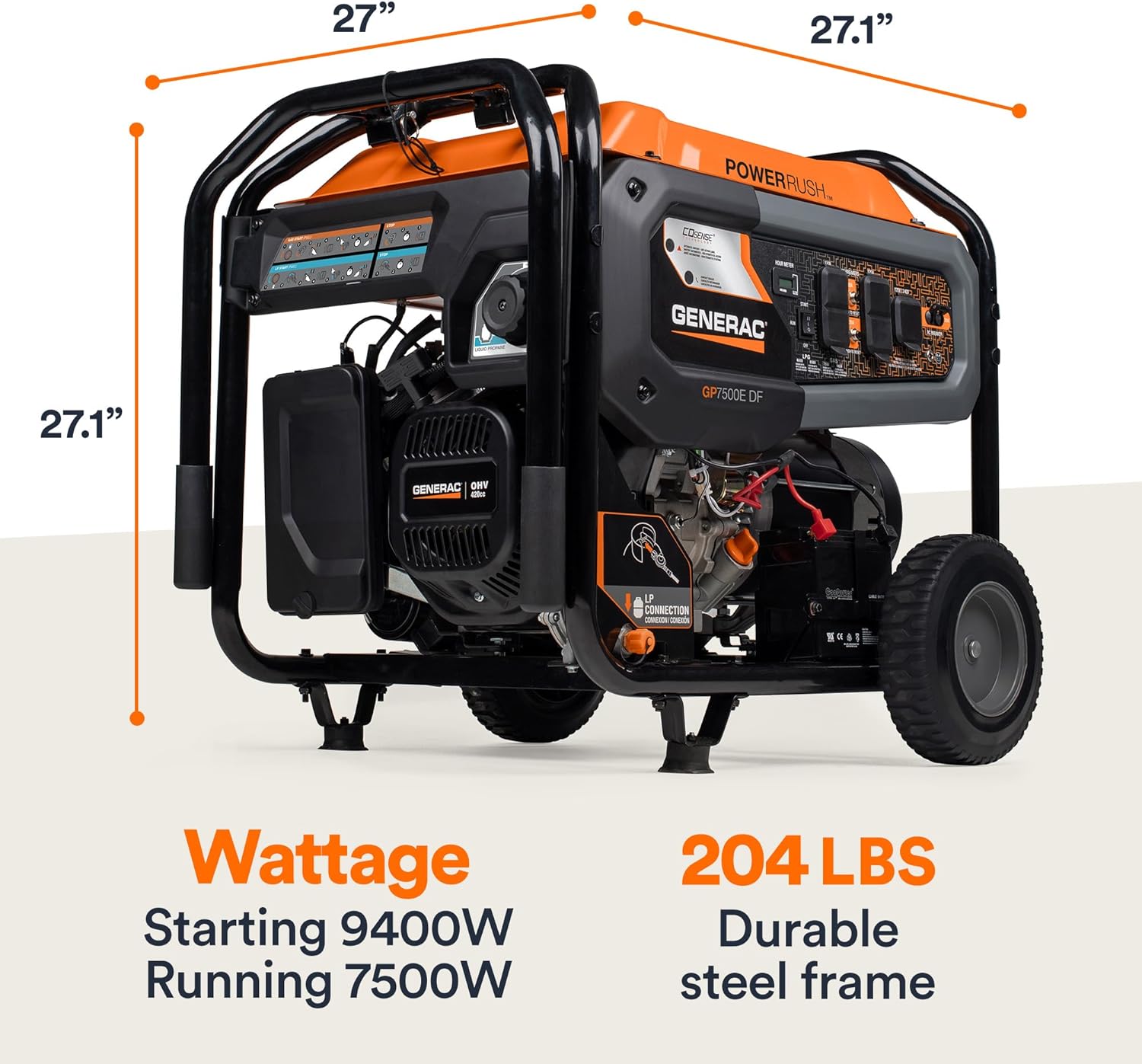 Generac 9,400 Starting Watt Dual Fuel Portable Generator - Electric Start - Gas or Propane Powered - Home Backup or Jobsite - Quiet, Long Runtime, Emergency Power - 49-State Compliant