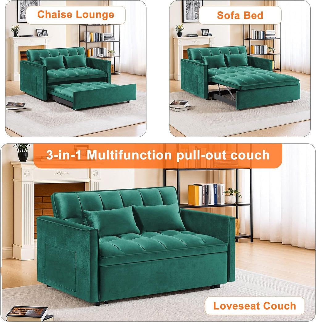 3 in 1 Convertible Sleeper Sofa Bed,Futon Pull Out Couch with Adjustable Backrest,Velvet Fabric Loveseat Sofa with Side Pocket for Bedroom, Living Room