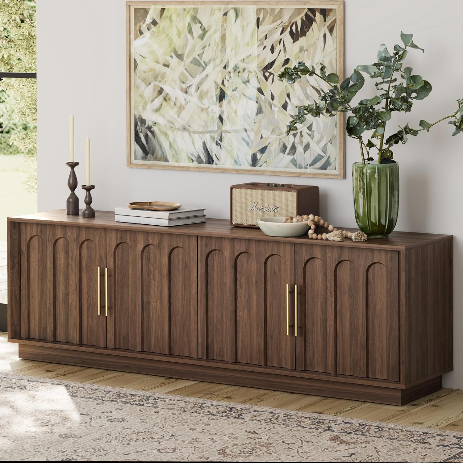 FORTUNETEC TV Stand for 75 Inch TV, Mid Century Modern TV Stand with Arched Design, Wood Grain Finish, Media Console with Adjustable Shelves, 67' Entertainment Center for Living Room Bedroom, Walnut