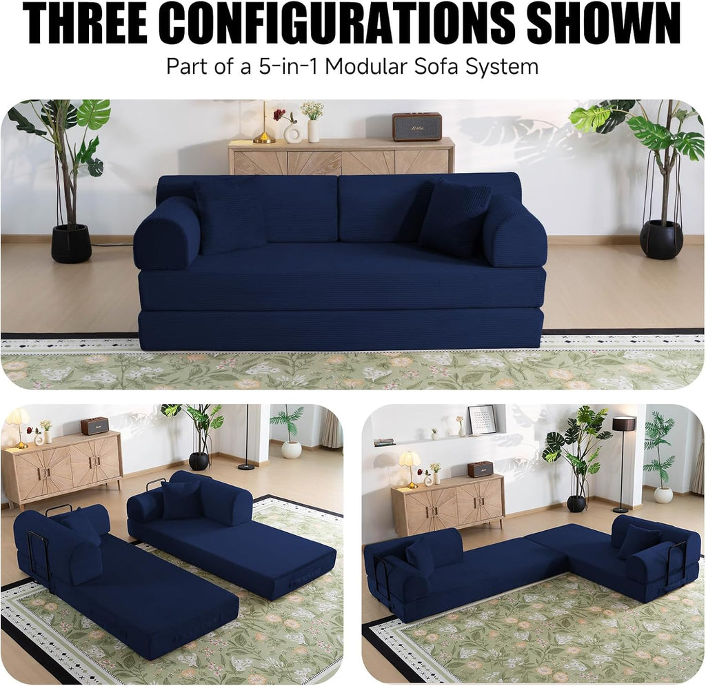 78.8' Memory Foam Boneless Couch, Corduroy Floor Sofa Bed, Convertible Sleeper Futon Loveseat, Wide Armrests & Back Support, Supports Up to 1200 lbs, Couch in a Box with 2 Pillows, Navy Blue