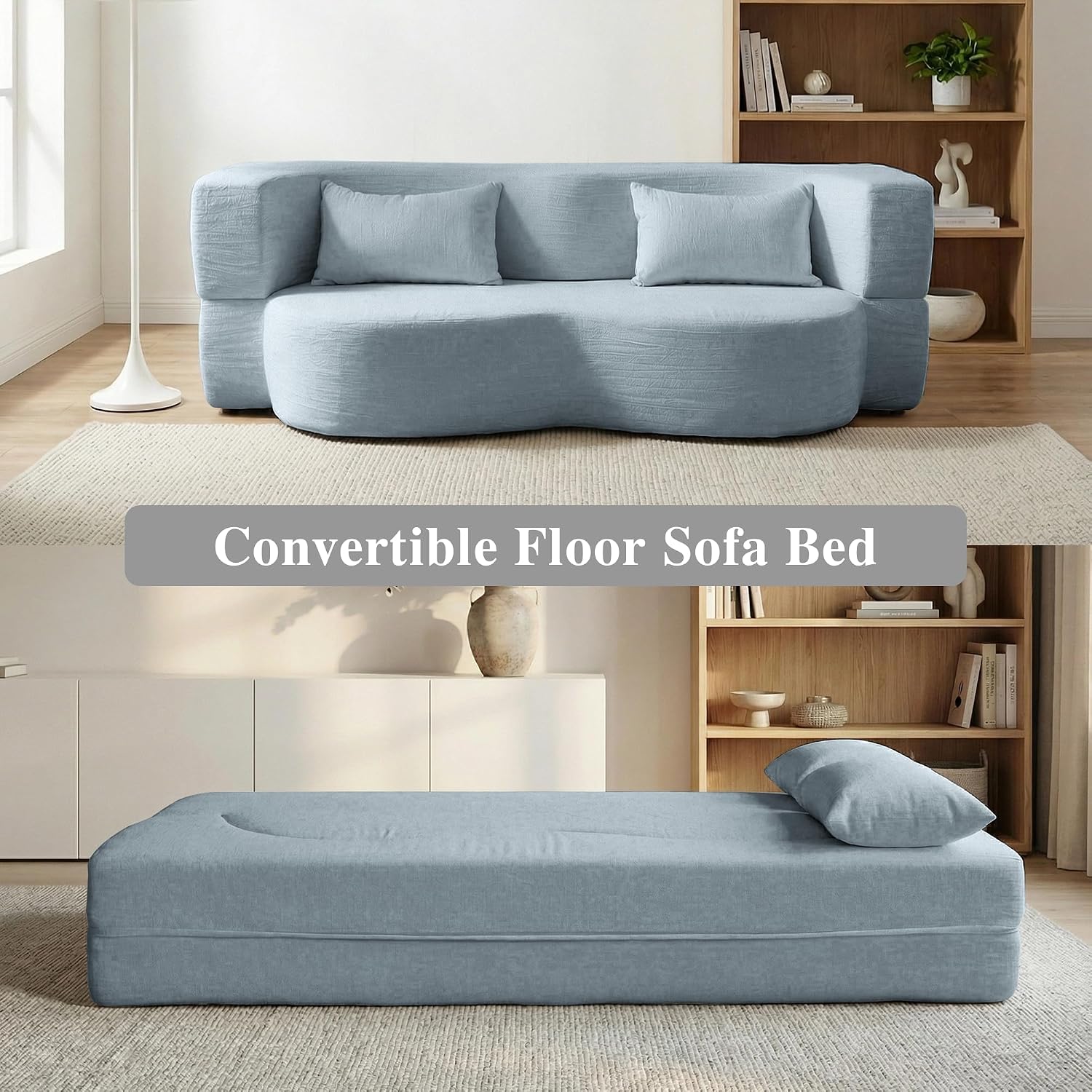 2-in-1 Convertible Sofa,78 Inch Pull Out Sofa Folding Sofa Bed with 2 Pilow Lazy Sofa, Teddy Loveseat Sleeper Floor Sofa for Apartment Children's Room Bedroom Living Room (Teddy, Light Blue)