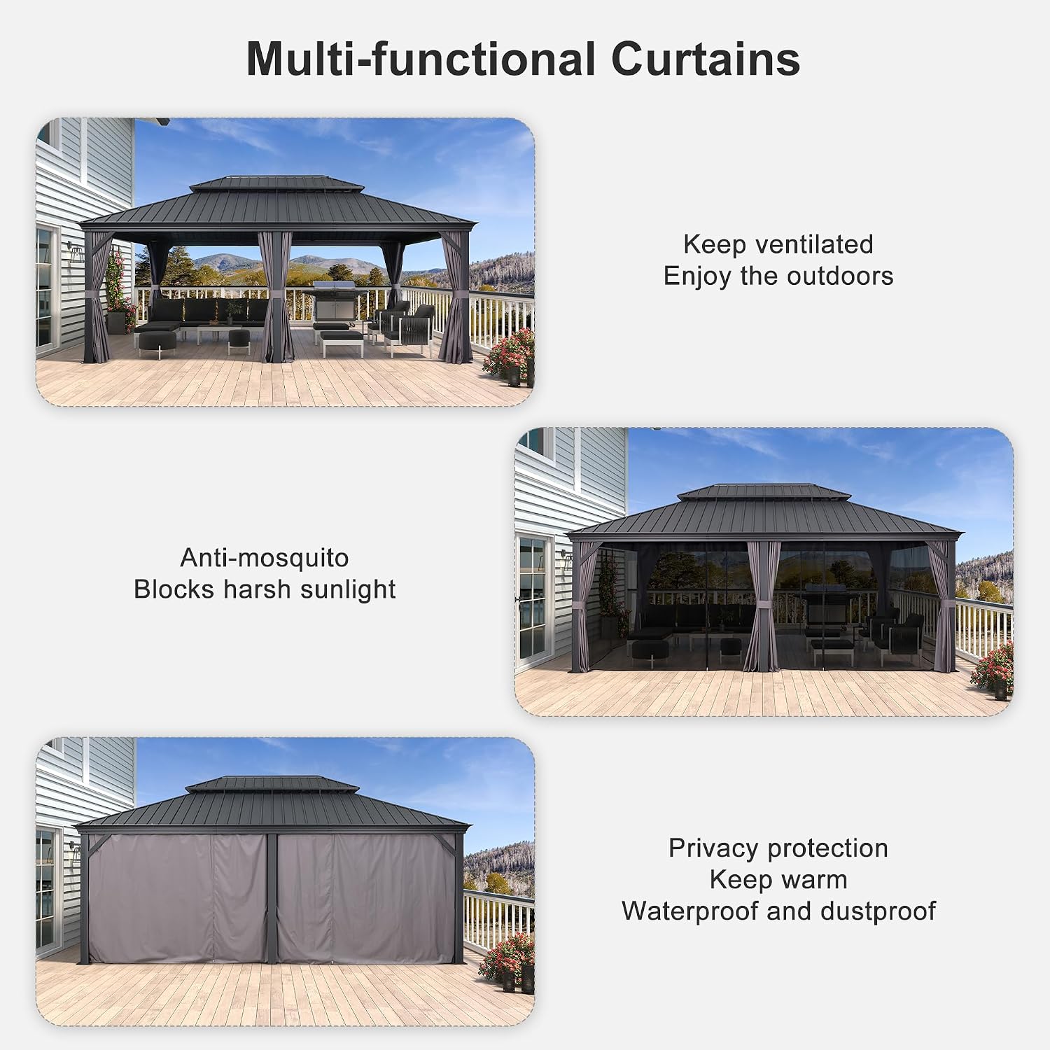 PURPLE LEAF 14' X 20' Outdoor Gazebo with Galvanized Steel Metal Roof Permanent Hardtop Gazebo with Light for Patio Lawn and Garden Large Pavilion Grey