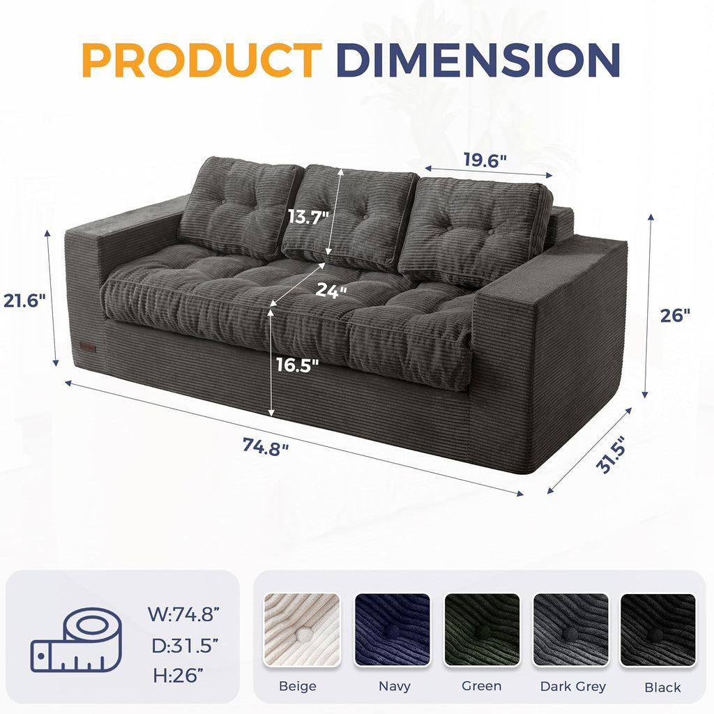 MAXYOYO 3 Seater Couch for Living Room, Boneless Couch with Tufted Cushion & Backrest, Upholstered Floor Sofa, Sofa in A Box, Dark Grey