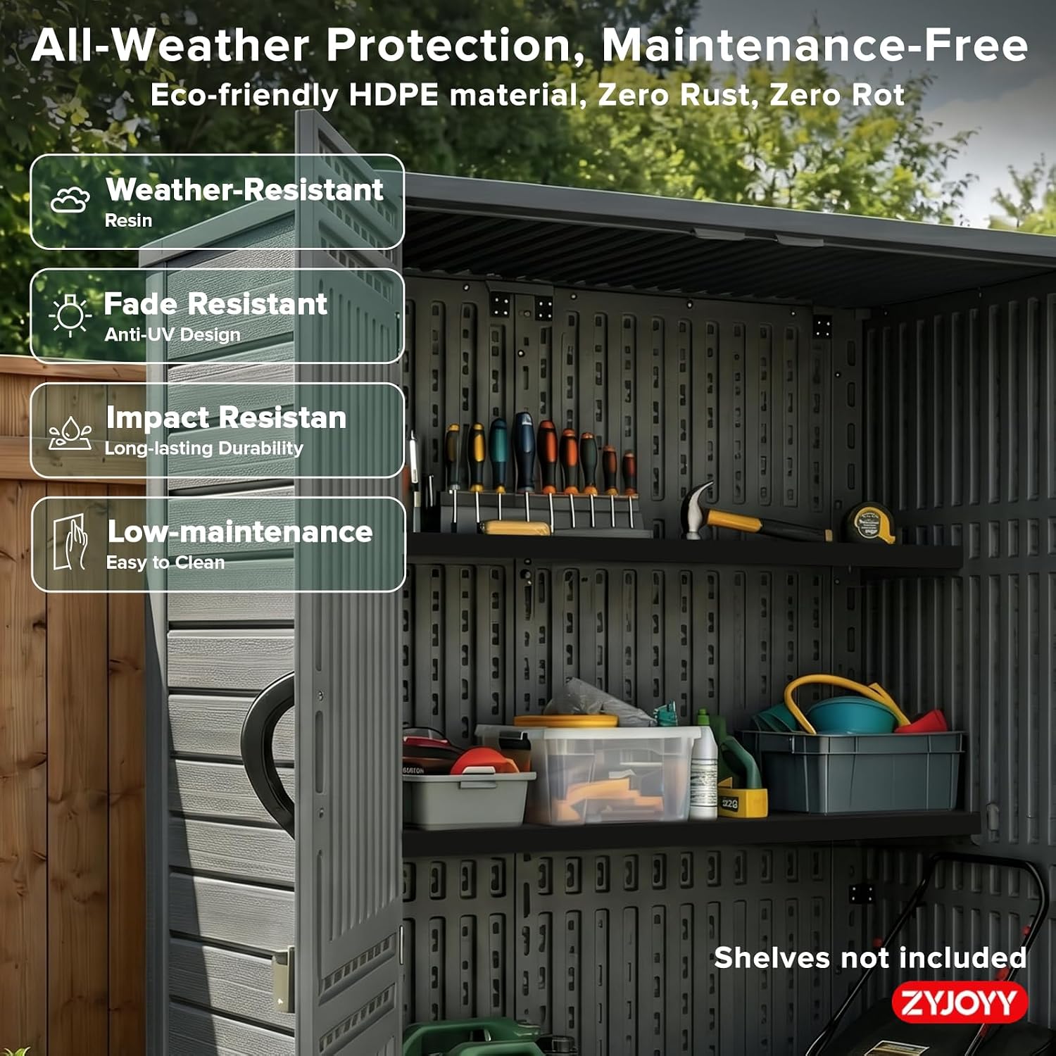 ZYJOYY 4.5 x 5.7 FT Outdoor Storage Shed, 59 Cuft Outside Waterproof Storage Cabinet, HDPE Resin Plastic 385 Gallon Outdoor Storage Container, Vertical Lockable Storage Shed, Grey