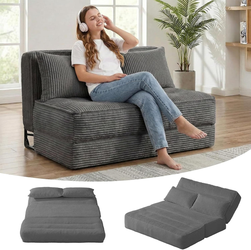 Convertible Folding Sofa Bed with Fixed Frame,Boneless Couch Loveseat Sleeper with 5-Position Adjustable Backrest & Thickened Cushion,Futon Couch with 2 Pillows for Bedroom,Small Spaces