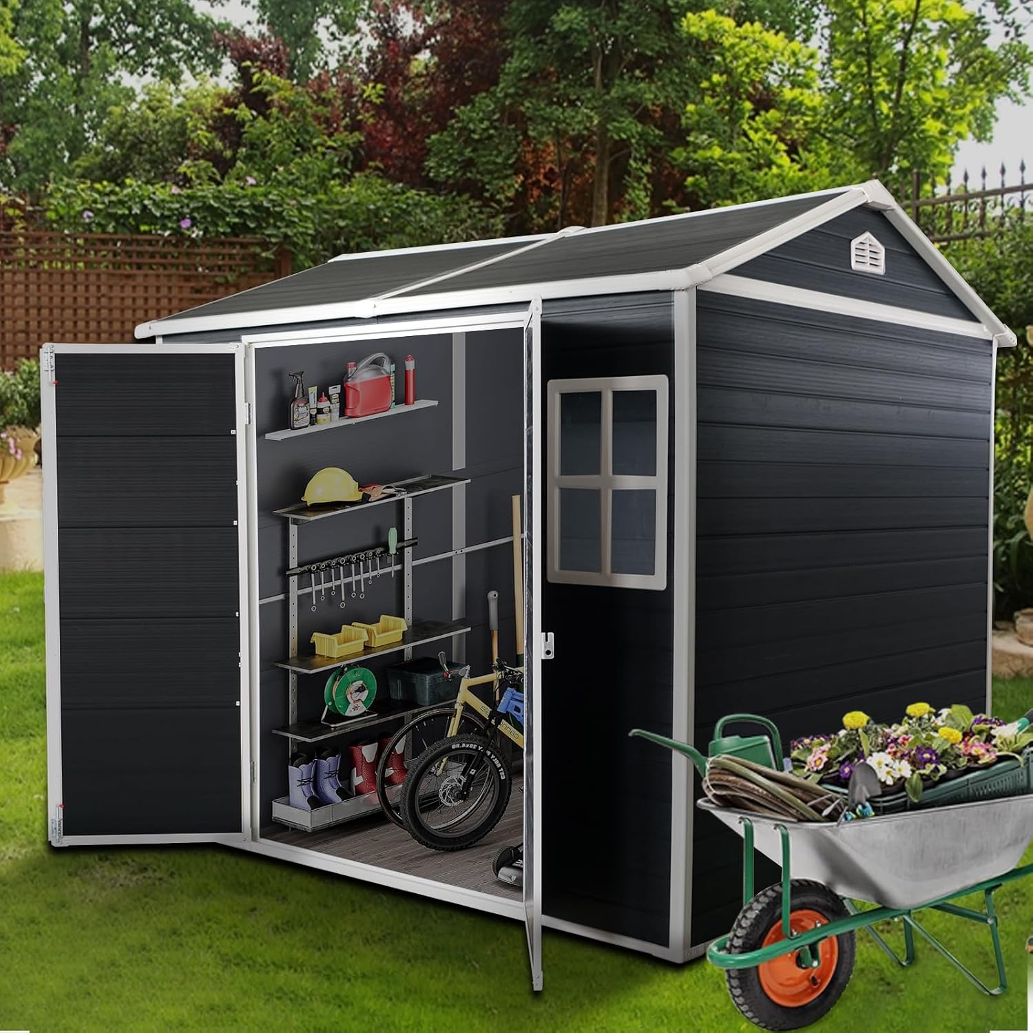 KUIKUI Outdoor Shed with Floor Included, Plastic Storage Sheds with Floor, 4x8 shed with 2 Windows and Lockable Door for Garden Tools, Carbon Black