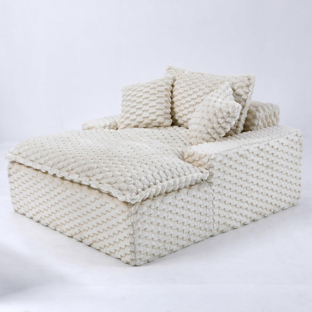 51 Inch Lounge Sofa, Boneless Cloud Couch for Living Room Bedroom, Comfy Reading Chair for Adults, Soft Textured Sleeper Chair with 2 Pillows, Frameless Floor Seating (White)