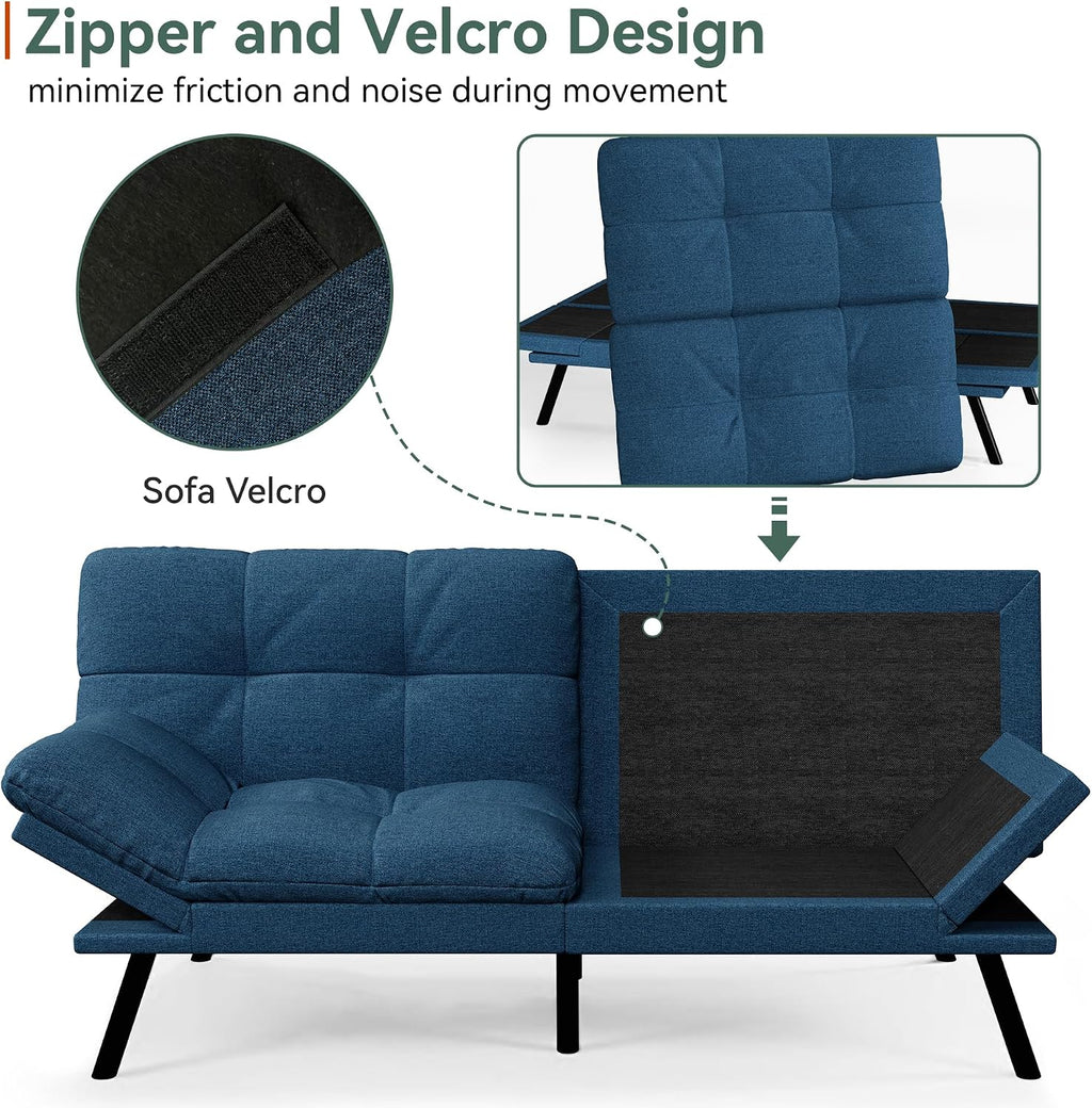 Opoiar Convertible Futon Sofa Bed,71' Memory Foam Futon Couch,Detachable Cushion,Adjustable Backrest & Armrest,Linen Modern Loveseat Sleeper Recliner for Living Room,Office,Apartment,Retro Blue
