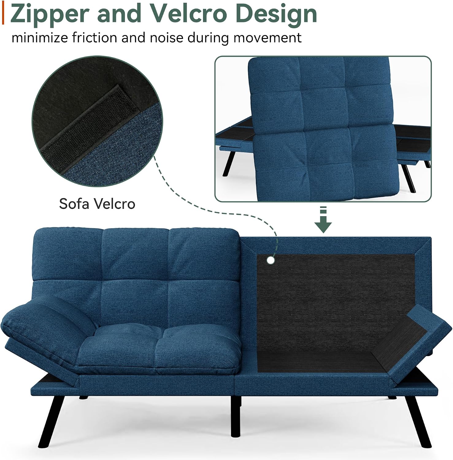 Opoiar Convertible Futon Sofa Bed,71' Memory Foam Futon Couch,Detachable Cushion,Adjustable Backrest & Armrest,Linen Modern Loveseat Sleeper Recliner for Living Room,Office,Apartment,Retro Blue