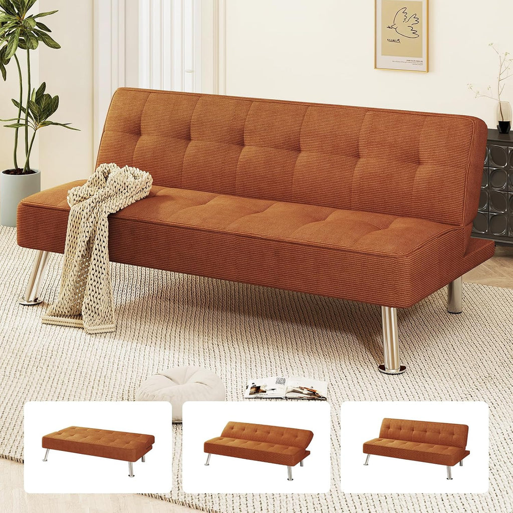 Furnimart Futon Sofa Bed, 66' Corduroy Convertible Futon Couch with 3-Position Adjustable Backrest, Solid Wood Frame Sleeper Sofa for Small Space, Living Room, Apartment, Office, Burnt Orange