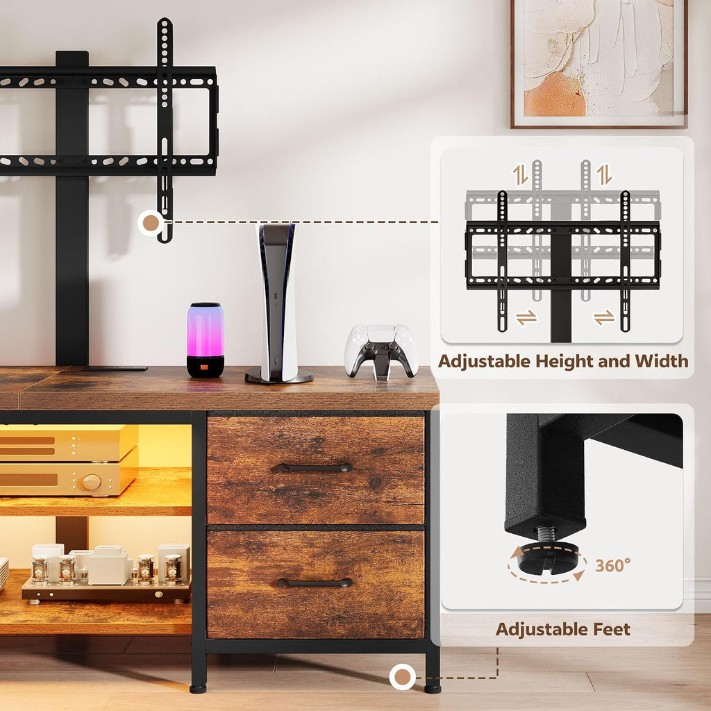 LED TV Stand for Living Room, with Mount, Power Outlet and Fabric Drawers, Entertainment Center w/Height Adjustable TV Mount for 26''-63'' TVs, Industrial Media Console w/Open Storage Shelves