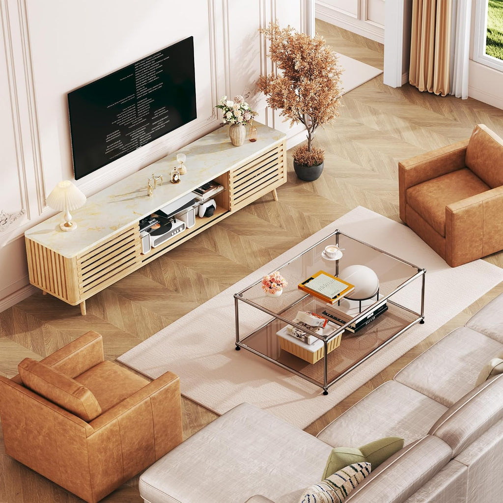 HUAHUU 70' TV Stand with Faux Marble Top for TVs up to 80', Mid Century Modern TV Console with Slatied Sliding Door, Entertainment Center with Adjustable Glass Shelves for Bedroom, Living Room, Oak