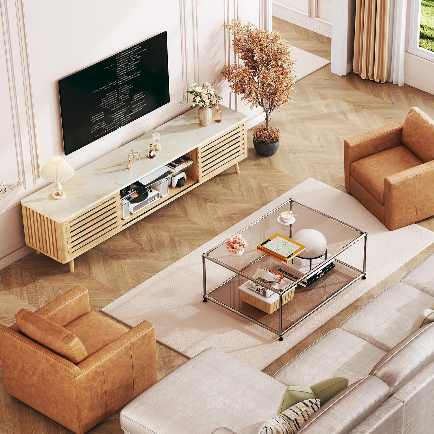 HUAHUU 70' TV Stand with Faux Marble Top for TVs up to 80', Mid Century Modern TV Console with Slatied Sliding Door, Entertainment Center with Adjustable Glass Shelves for Bedroom, Living Room, Oak