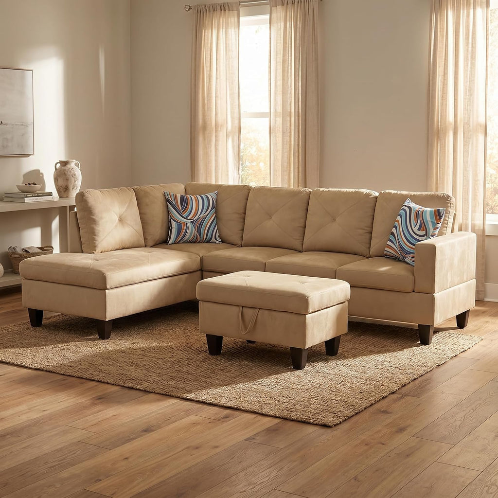3-Piece L-Shaped Modular Leather Sofa – Convertible Sectional Couch with Movable Chaise & Storage Ottoman, Multi-Scene Use for Living Room, Apartment & Office, Beige