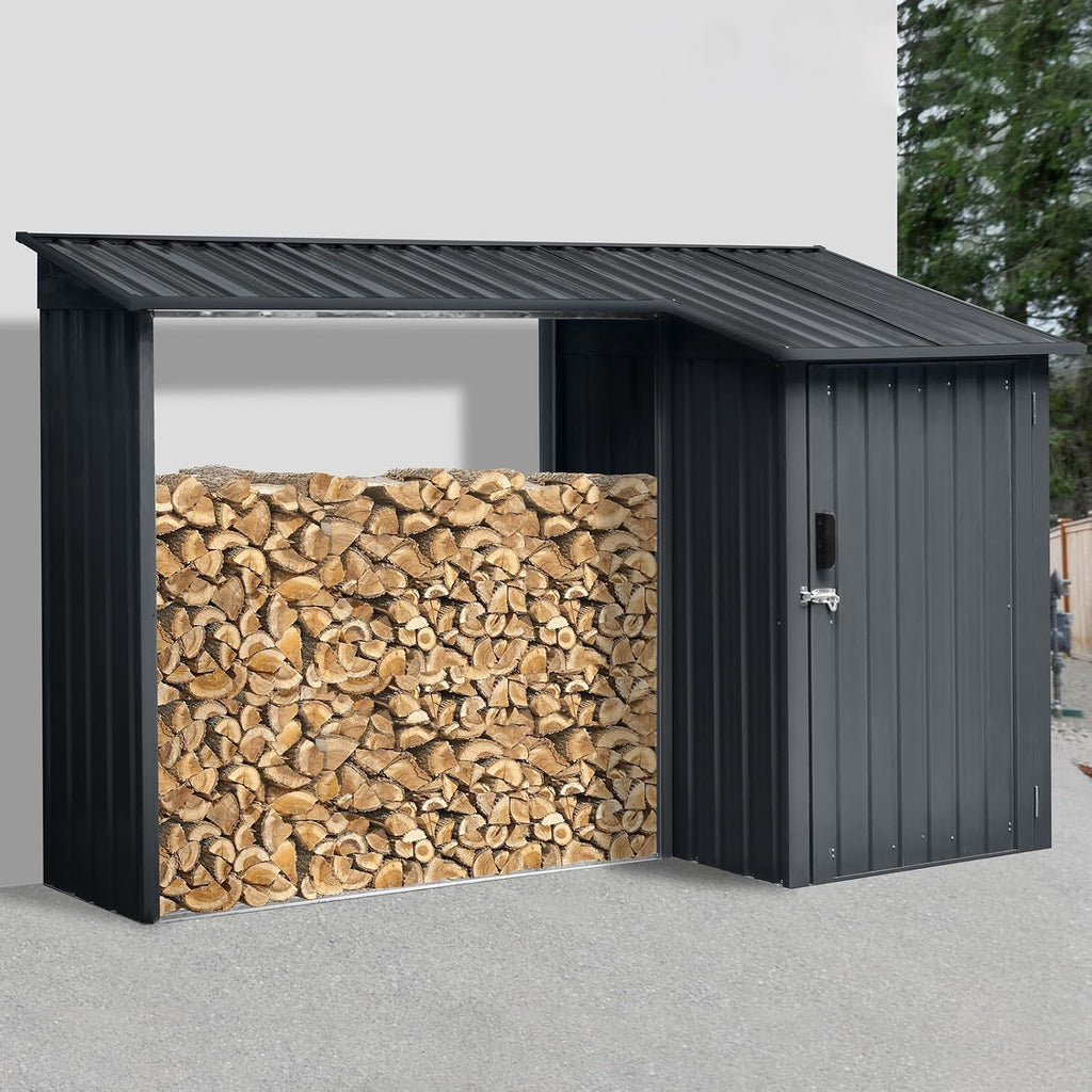 JT 9 x 3 FT Metal Firewood Rack, Galvanised Steel Garden Log Storage Shed, Metal Firewood Shed Holder, Outdoor Log Rack for Backyard, Two-in-One, Black