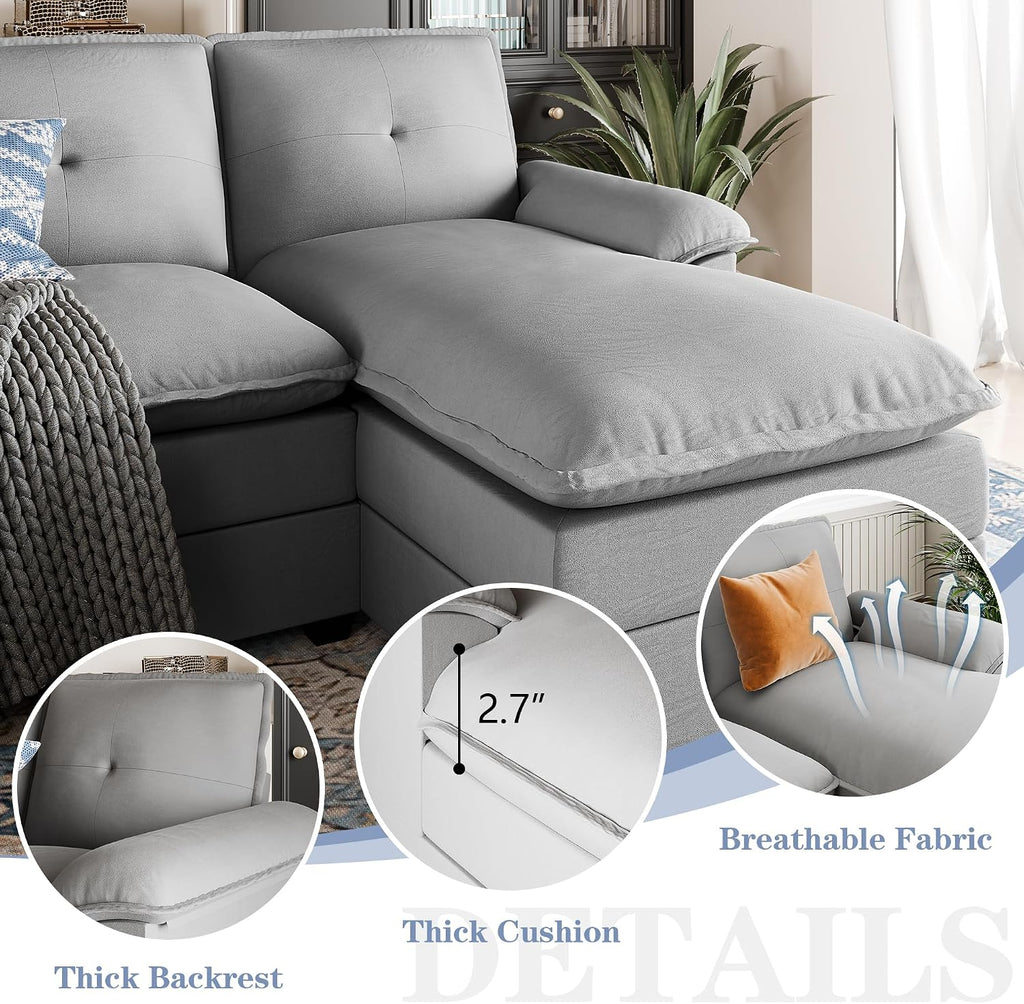 U Shaped Sectional Couch for Living Room,110' 4-Seater Comfy Couch with Double Chaise,Deep Seat Modular Sofa Couches with Thick Cushion & Soft Backrest,Light Grey