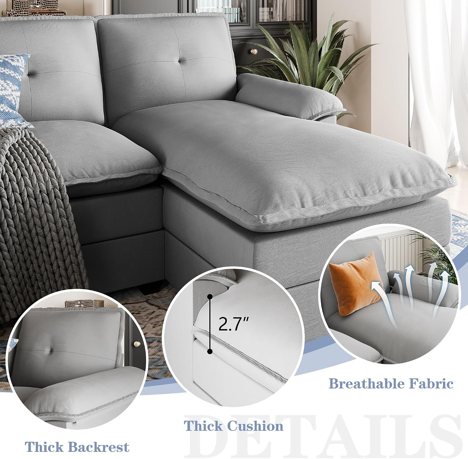 U Shaped Sectional Couch for Living Room,110' 4-Seater Comfy Couch with Double Chaise,Deep Seat Modular Sofa Couches with Thick Cushion & Soft Backrest,Light Grey