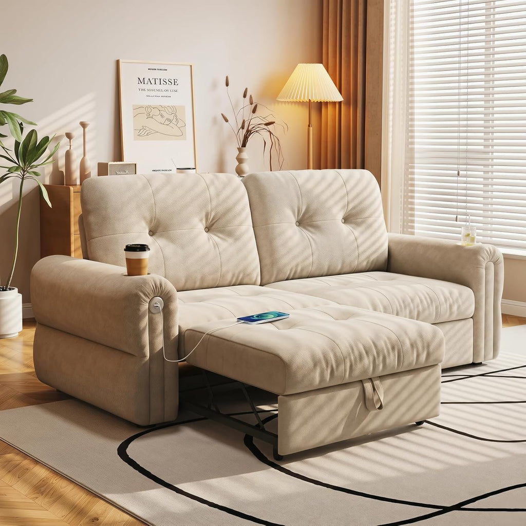 Convertible Couches, Queen Size Pull Out Sofa Bed with USB Charging Port and Cup Holders, Plannelette Fabric Convertible Sofa Bed for Small Space, Living Room, Apartment, Guest Room, Beige