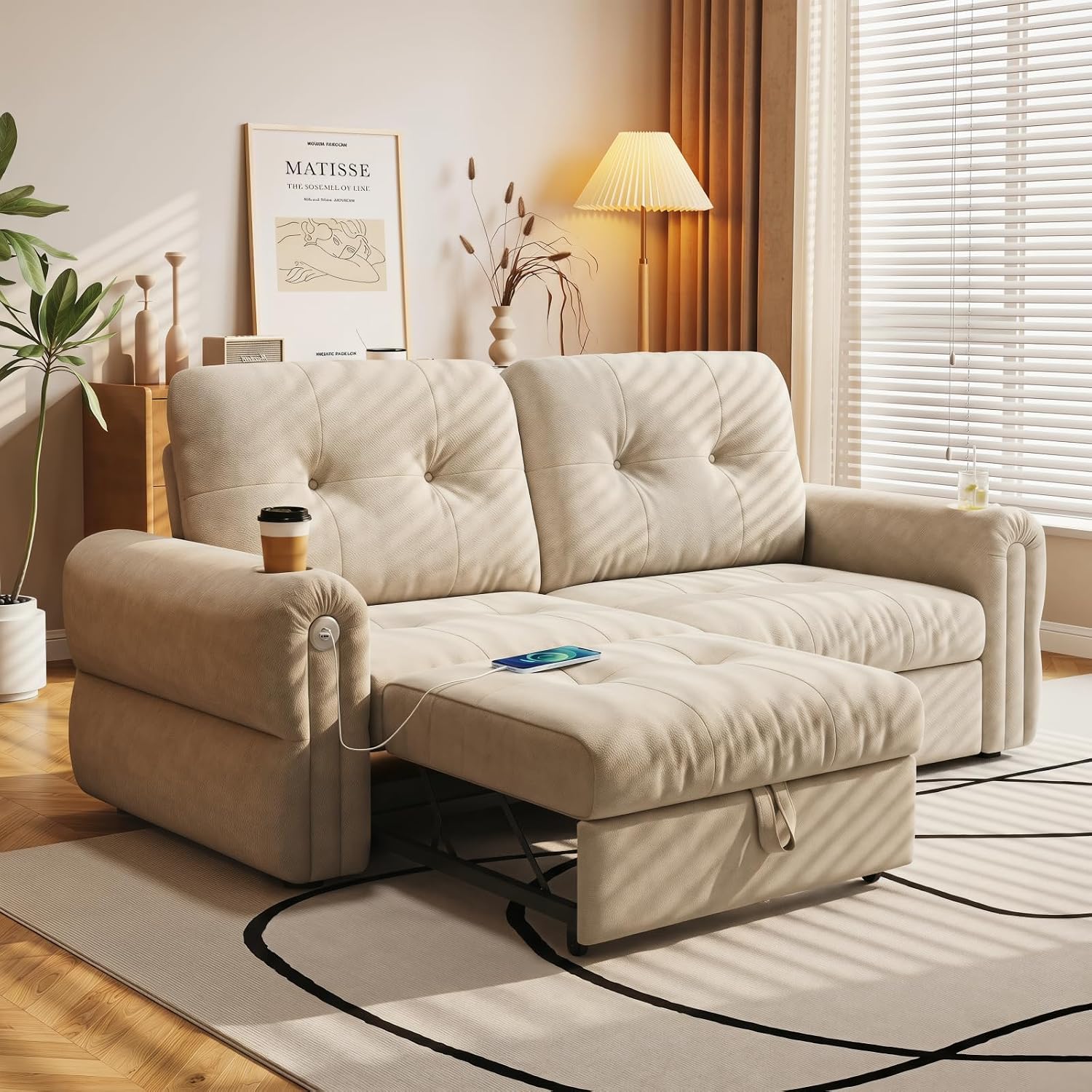 Convertible Couches, Queen Size Pull Out Sofa Bed with USB Charging Port and Cup Holders, Plannelette Fabric Convertible Sofa Bed for Small Space, Living Room, Apartment, Guest Room, Beige