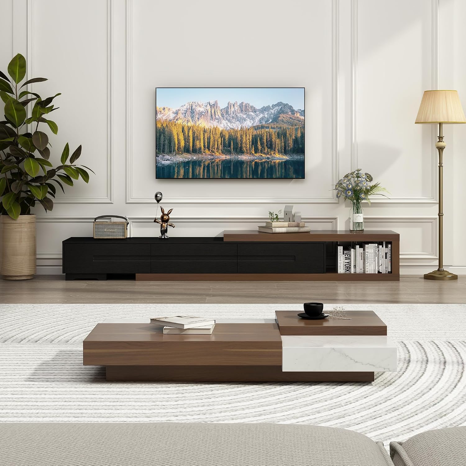 Hlivelood Extendable TV Stand, Modern Entertainment Center for Up to 120 Inch TV, Wood Reversible TV Media Console with 3 Drawers for Living Room Bedroom, 82-110'(Black& Walnut)