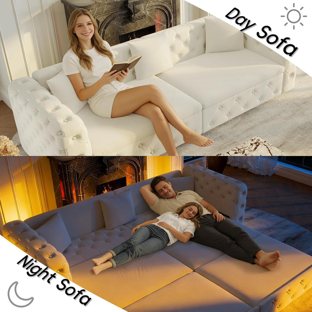 89' Pull Out Sofa Bed King Size, Velvet Chesterfield Sleeper Sofa Couch, 3 in 1 Convertible Recliner, Modern Tufted Deep Seat Couches for Living Room, Small Space, Apartment, Cream Beige