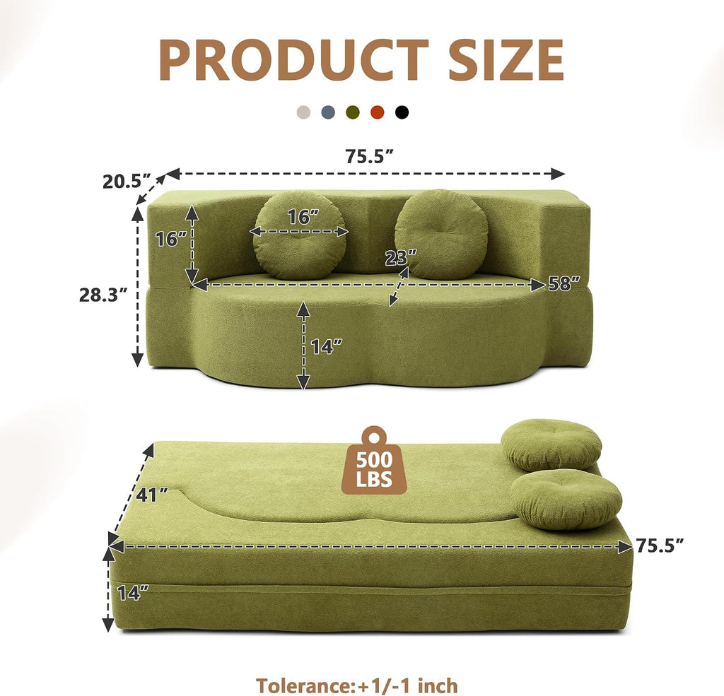 2-in-1 Folding Sofa Bed with Pillow, No Assembly Futon Twin Size Sofa Bed, Breathable Linen-Cotton Convertible Couch Bed for Living Room and Guest Room, 75.5 Inch,Green