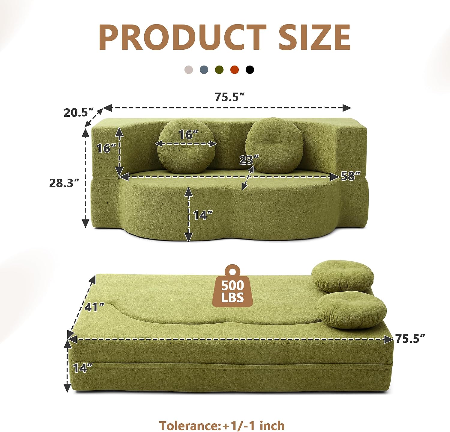 2-in-1 Folding Sofa Bed with Pillow, No Assembly Futon Twin Size Sofa Bed, Breathable Linen-Cotton Convertible Couch Bed for Living Room and Guest Room, 75.5 Inch,Green