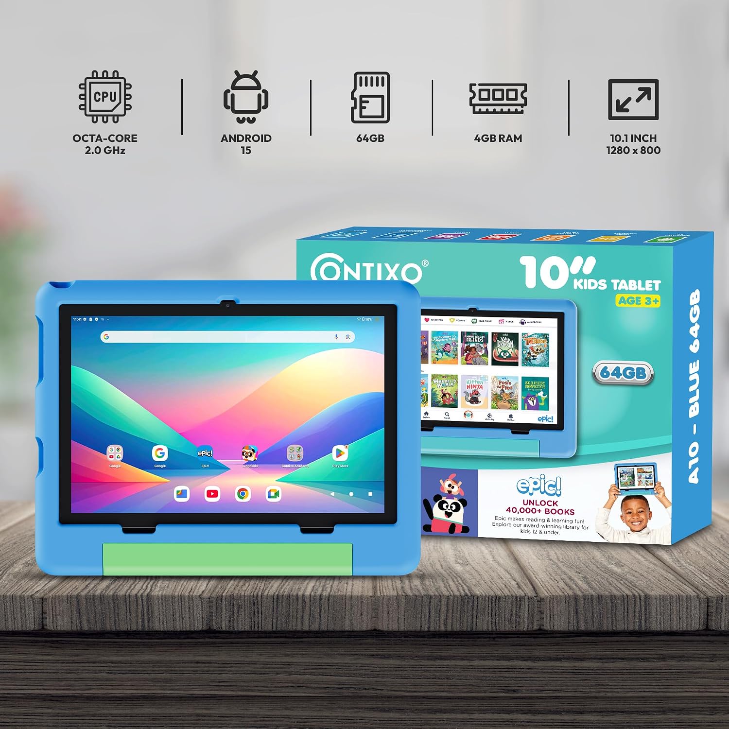 Contixo A10 Kids Tablet with 14 Apps, Lingokids & Epic, 10.1' HD Screen, Android 15, Parental Controls, WiFi, 4+64GB Storage, al Tablet for Kids Ages 3-12, Boys & Girls Gift, Blue