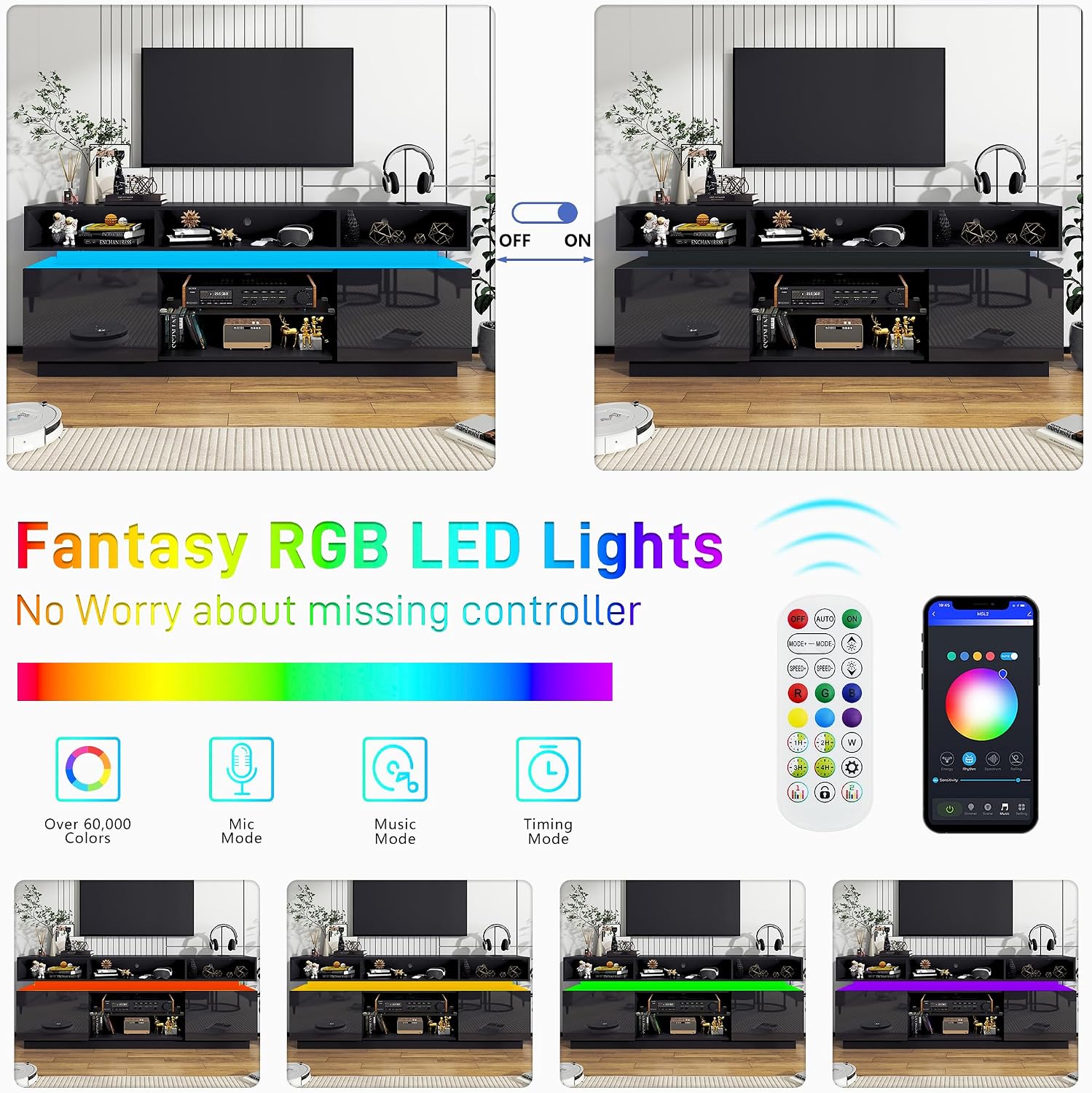 chartustriable LED TV Stand for 80 Inch TV, Modern Tall Entertainment Center with Power Outlets, High Gloss TV Stand, Gaming TV Media Console with Glass Shelf for Living Room, 71 Inch, Black