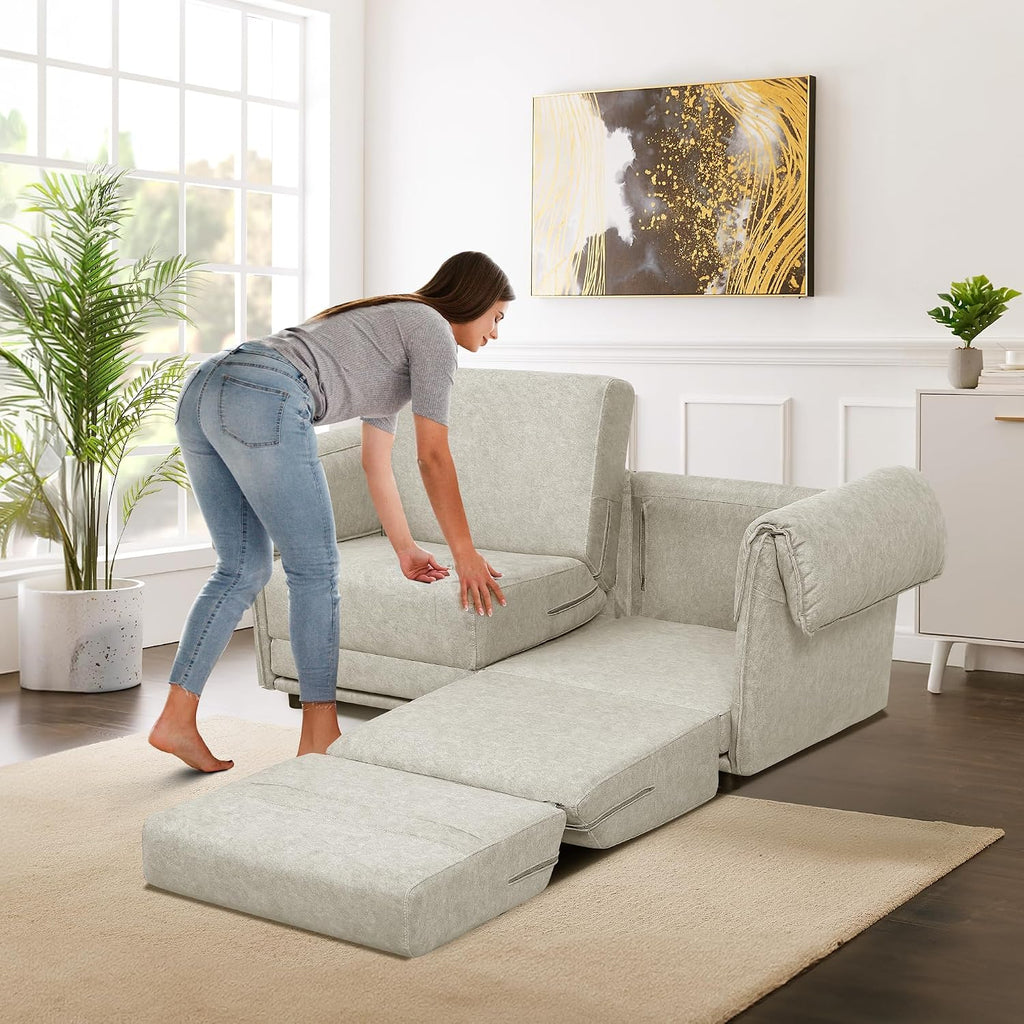 FHFO Loveseat Sleeper Sofa, Convertible Couch Bed Loveset Small Couchs for Small Spaces, 3 in 1 Pull Out Sofa Bed Modern 65' Comfy Futon Sofa Bed Queen for Living Room, Bedroom, Apartment (Beige)