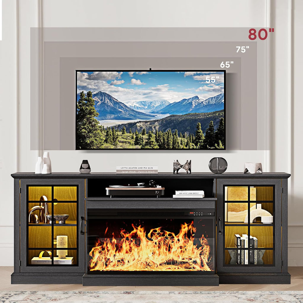 MXV 70'' Fireplace TV Stand, Farmhouse Entertainment Center with 3 Sided Glass TV Stand, Modern Media Console Table with Storage Drawers & Cabinets with LED Flame and Lights for Living Room, Black