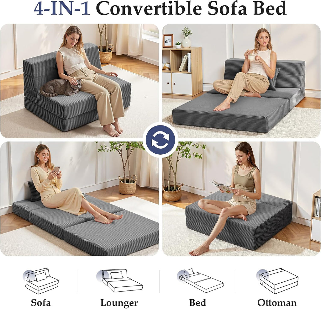 Youzi Folding Sofa Bed Convertible Sleeper Chair with Pillow, 4-in-1 Foldable Mattress Futon Couch Bed to Lounge Chair for Living Room, Bedroom, Dorm & Guest, Washable Cover, Dark Gray, Twin