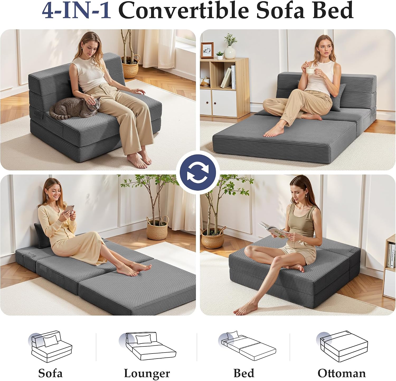 Youzi Folding Sofa Bed Convertible Sleeper Chair with Pillow, 4-in-1 Foldable Mattress Futon Couch Bed to Lounge Chair for Living Room, Bedroom, Dorm & Guest, Washable Cover, Dark Gray, Twin