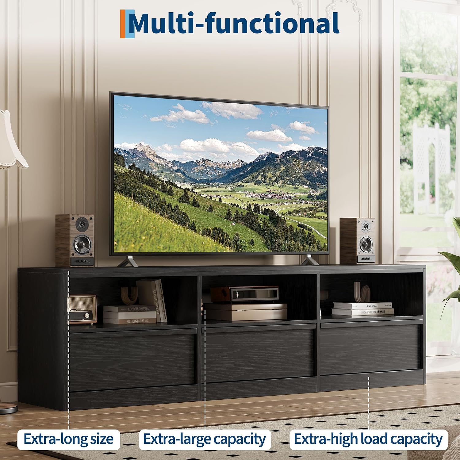 IDEALHOUSE 70 inch TV Stand for 80' TVs, Mid Century Modern Entertainment Center with Storage Drawer & Open Shelves, Wood Media Console Cabinet for Living Room/Bedroom, Black