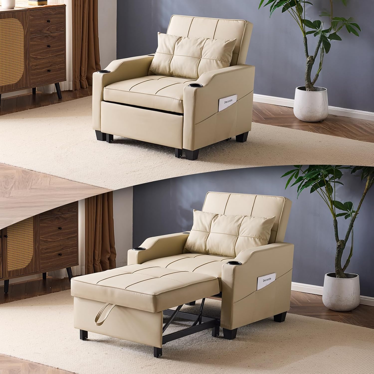 VINGLI Beige Sleeper Chair Bed 3-in-1 Convertible Futon Sofa Bed Pull Out Couch Bed Adjustable Recliner Chair with USB Ports Cup Holders Side Pockets for Living Room Bedroom Small Spaces
