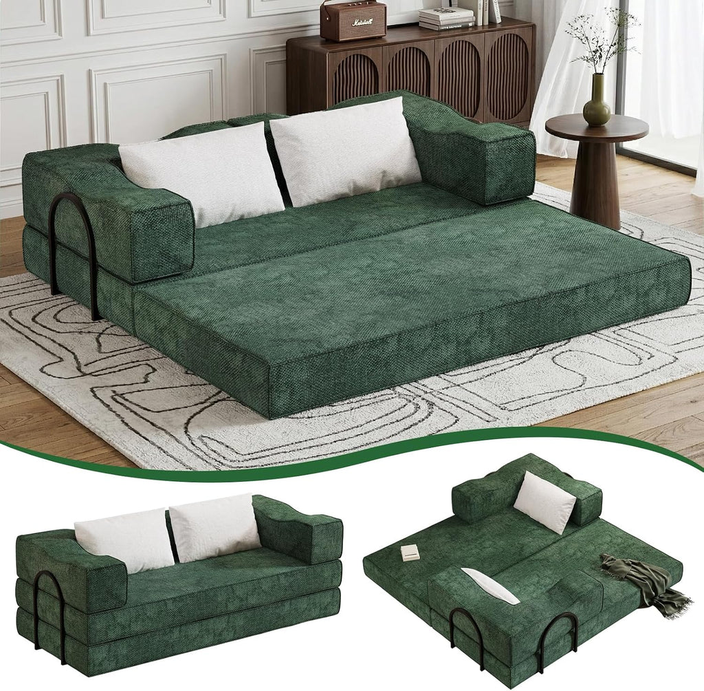 80' King Size Convertible Sofa Bed Sleeper, Foldable Futon Couch with Memory Foam & 2 Pillows, Chenille Fabric Modular Loveseat for Small Spaces, Apartment, Living Room, Studio (Green, 80in)