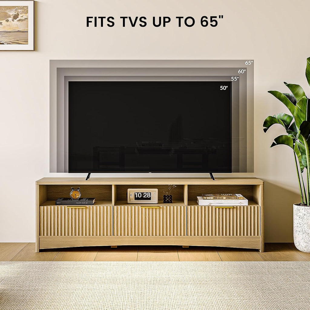 AMADA HOMEFURNISHING Fluted TV Stand for TVs Up to 65″, Mid-Century Modern Entertainment Center with Storage Drawers and Open Shelf, TV Console for Living Room or Bedroom, Natural Oak