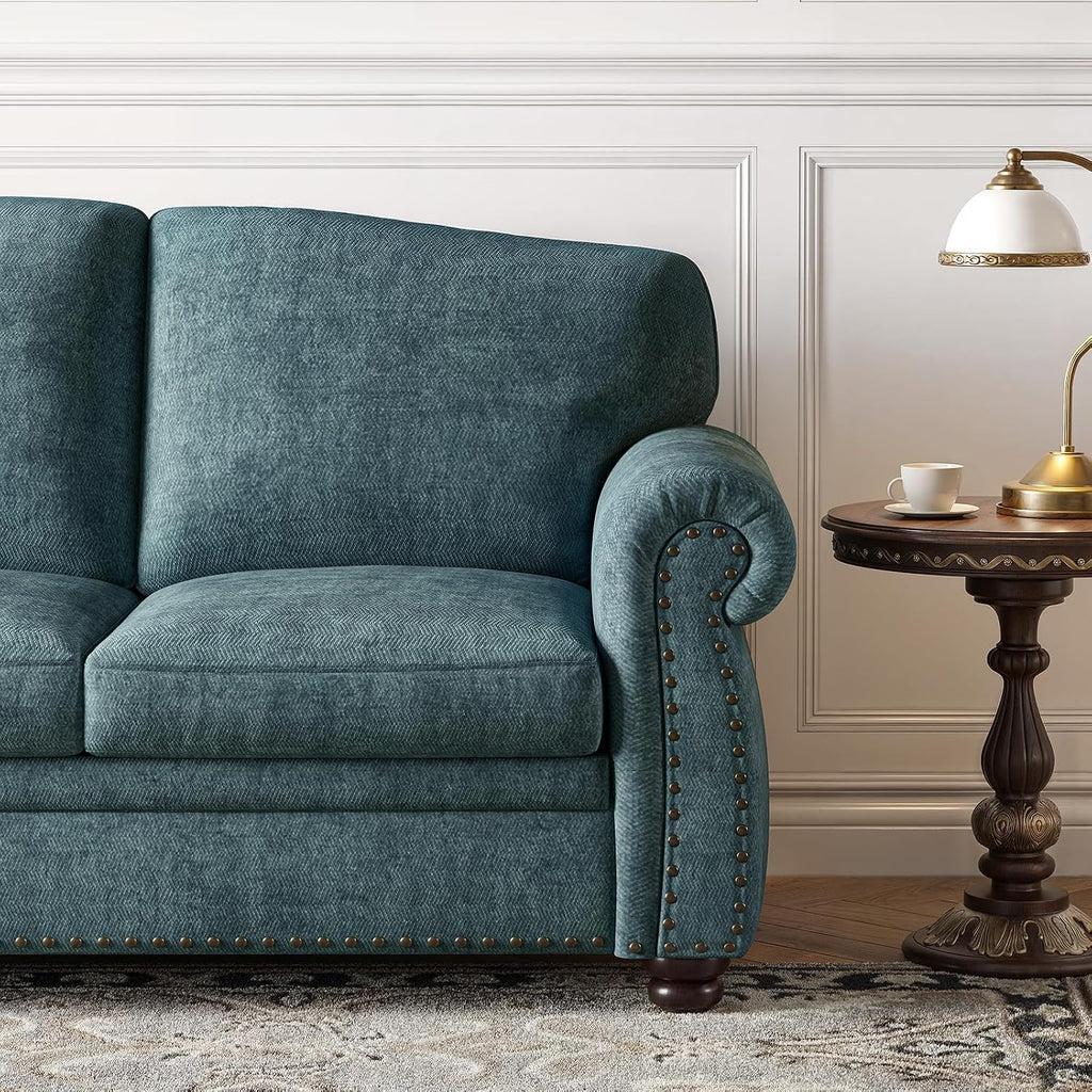 ONBRILL 90 Inch Rolled Arm Sofa for Living Room, Deep Seat Nailhead Trim Couch, Comfy 3 Seater Chenille Couch w/Wooden Leg, Springs Seat Cushion, Large Traditional Sofa for Farmhouse, Blue