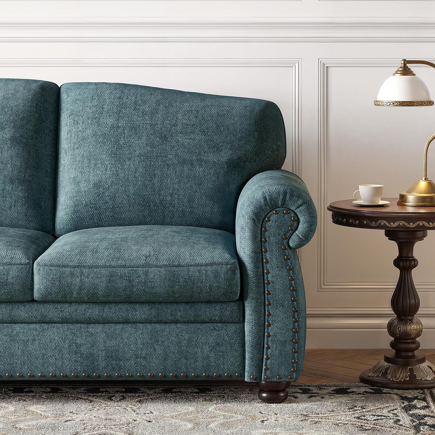 ONBRILL 90 Inch Rolled Arm Sofa for Living Room, Deep Seat Nailhead Trim Couch, Comfy 3 Seater Chenille Couch w/Wooden Leg, Springs Seat Cushion, Large Traditional Sofa for Farmhouse, Blue